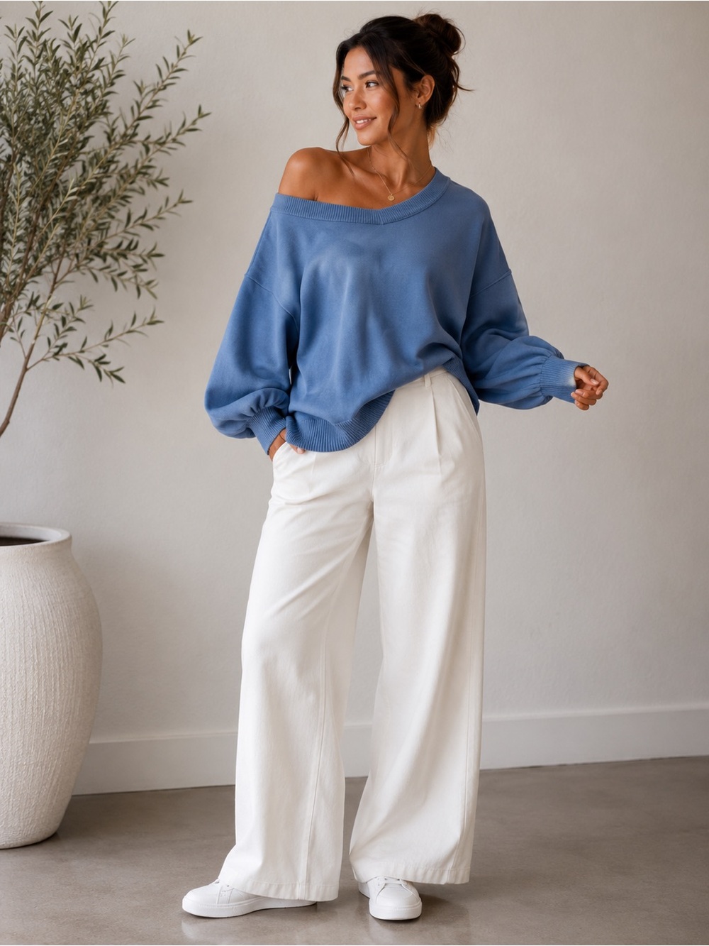 Halara Dusty Blue Off Shoulder Oversized Balloon Sleeve Sweater XL Cozy Lounge